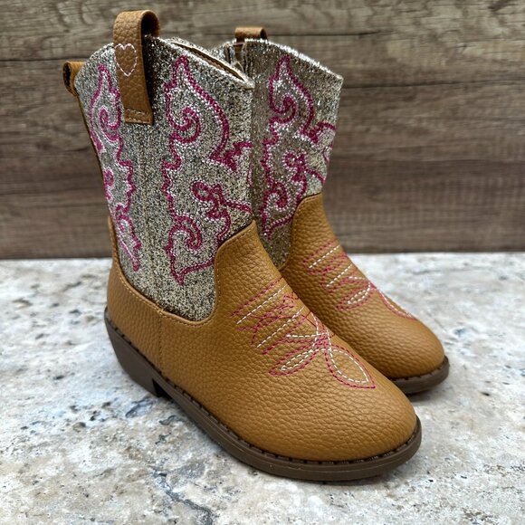 Pawz Little Girl Western Cowgirls Boots Size 11 Tan Silver Glitter Zip UP - Picture 1 of 11